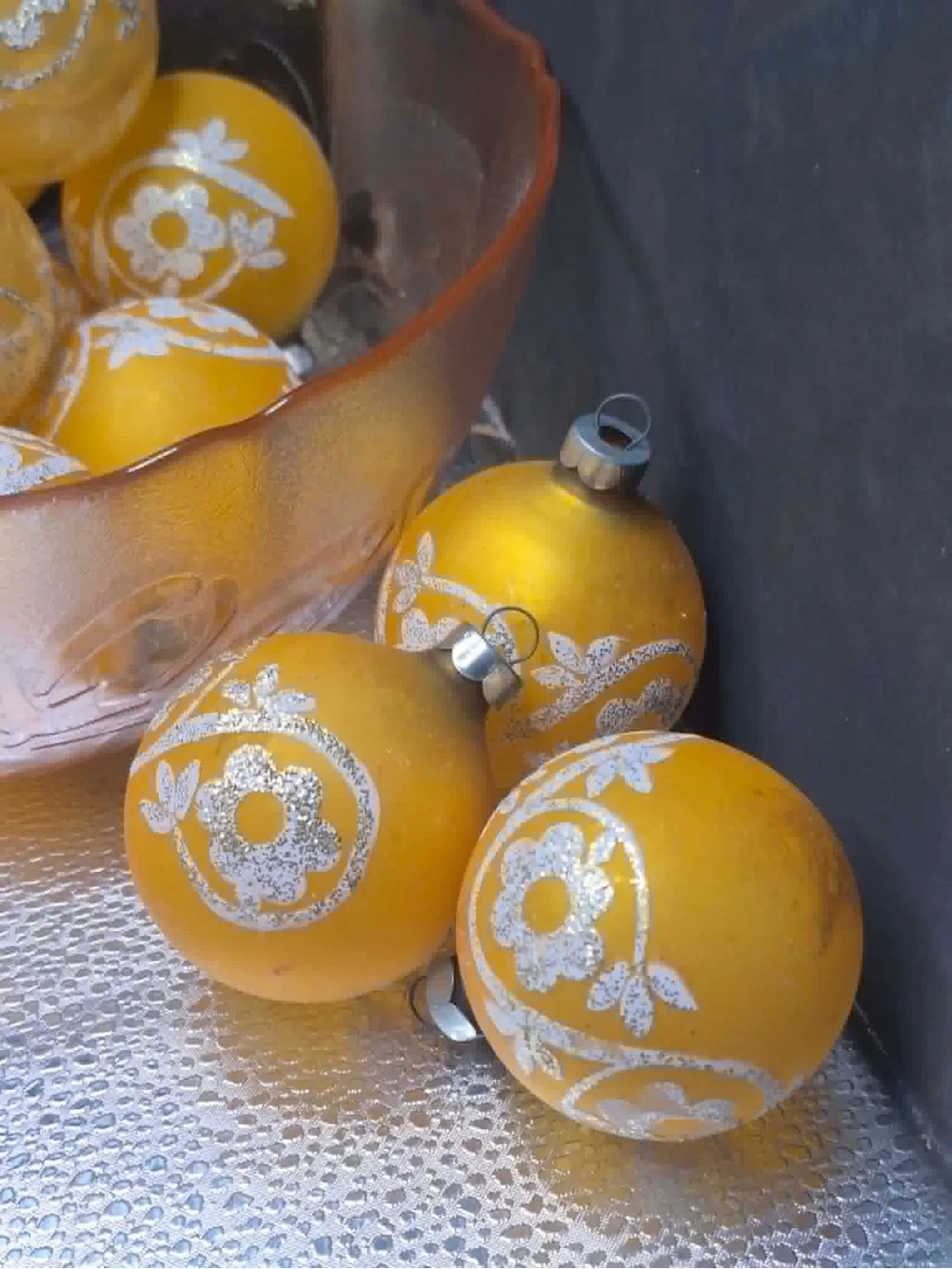 MCM Vintage RARE Mercury Glass Christmas Ornament Set 12 - Orange-Yellow Gold